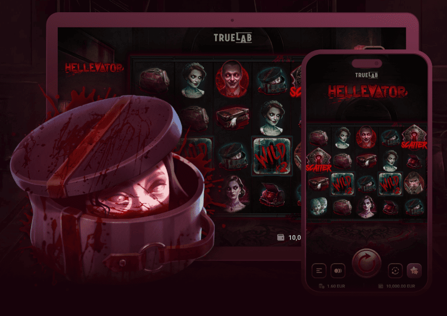Licensed online slot "Hellevator" — 4x5 high volatility slot machine with 20 paylines, horror theme featuring ghosts and monsters. Hellevator elevator destroys symbols and triggers re-spins for thrilling gambling gameplay. Available on desktop and mobile via Traflow Media platform, players can access licensed slots catalog, receive generous bonuses, and enjoy secure online casino entertainment. 