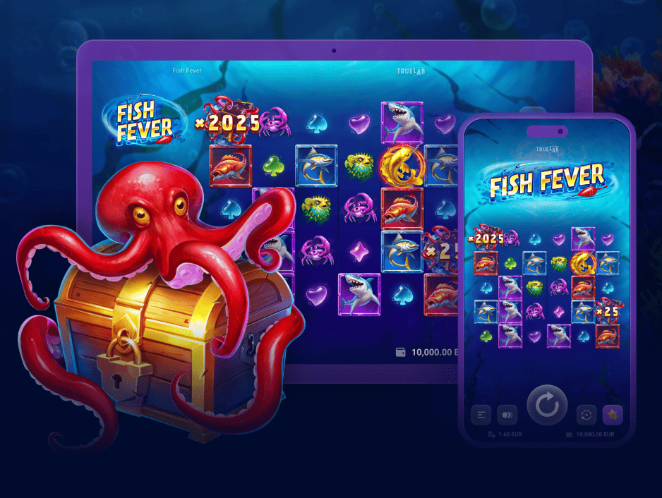 Licensed online slot "Fishing Adventure" — high volatility 5x6 slot machine with Scatter Pays, cascading wins, and random multipliers up to x2025. Players can enjoy thrilling gambling gameplay, access licensed slots catalog on Traflow Media platform, play on desktop or mobile, receive bonuses, and experience secure and exciting online casino entertainment. 