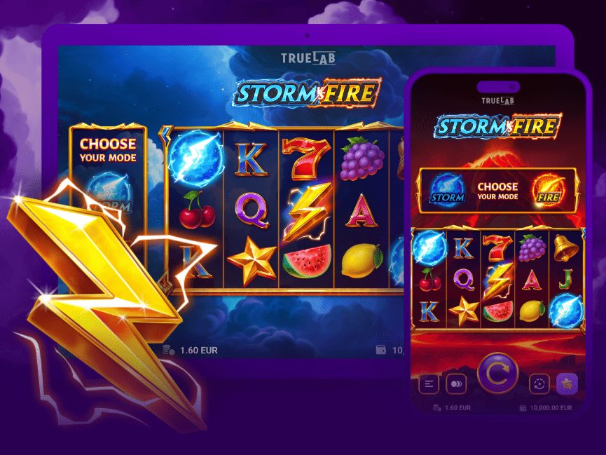 Licensed online slot "Elements: Fire and Storm" — high RTP gambling game by a leading provider. Choose between Storm mode for unpredictable massive payouts or Fire mode for steady wins. Wild symbols double prizes while fiery Scatters charge the progressive multiplier up to x30,000. Play on Traflow Media platform via desktop or mobile, register in the virtual club, and enjoy thrilling online slot entertainment with generous bonuses and powerful elemental themes.